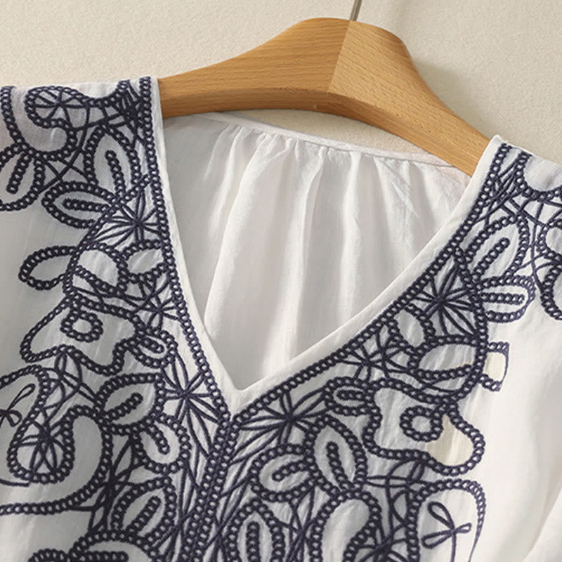 Buddha Stones Embroidered V-neck Casual Women's Cotton Linen Half Sleeve T-shirt