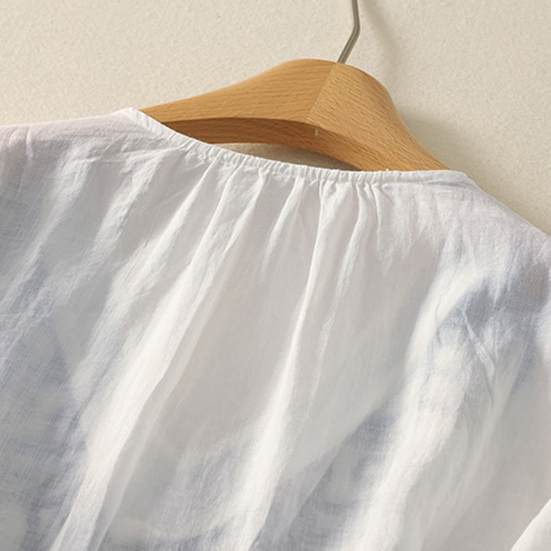 Buddha Stones Embroidered V-neck Casual Women's Cotton Linen Half Sleeve T-shirt