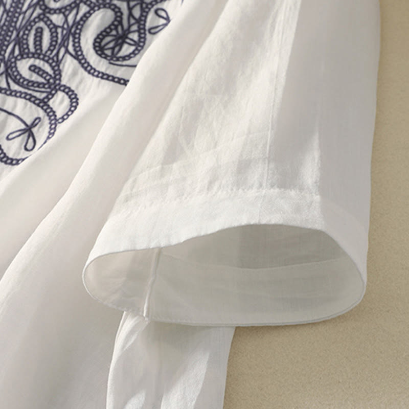 Buddha Stones Embroidered V-neck Casual Women's Cotton Linen Half Sleeve T-shirt