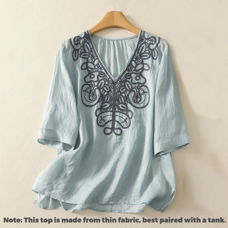 Buddha Stones Embroidered V-neck Casual Women's Cotton Linen Half Sleeve T-shirt