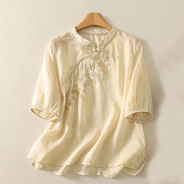 Buddha Stones Embroidery Frog-Button Mandarin Collar Cotton Women's Half Sleeves Shirt