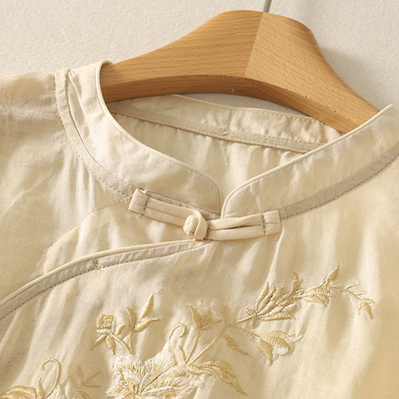 Buddha Stones Embroidery Frog-Button Mandarin Collar Cotton Women's Half Sleeves Shirt