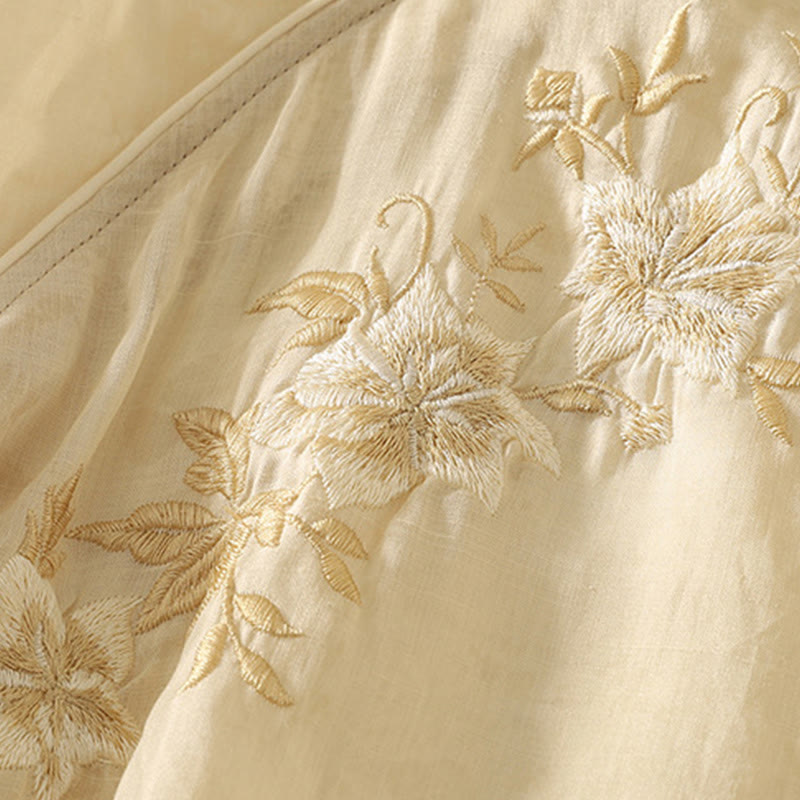 Buddha Stones Embroidery Frog-Button Mandarin Collar Cotton Women's Half Sleeves Shirt