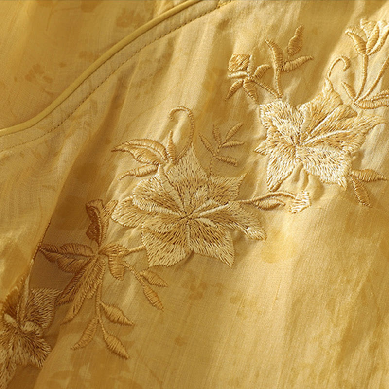 Buddha Stones Embroidery Frog-Button Mandarin Collar Cotton Women's Half Sleeves Shirt