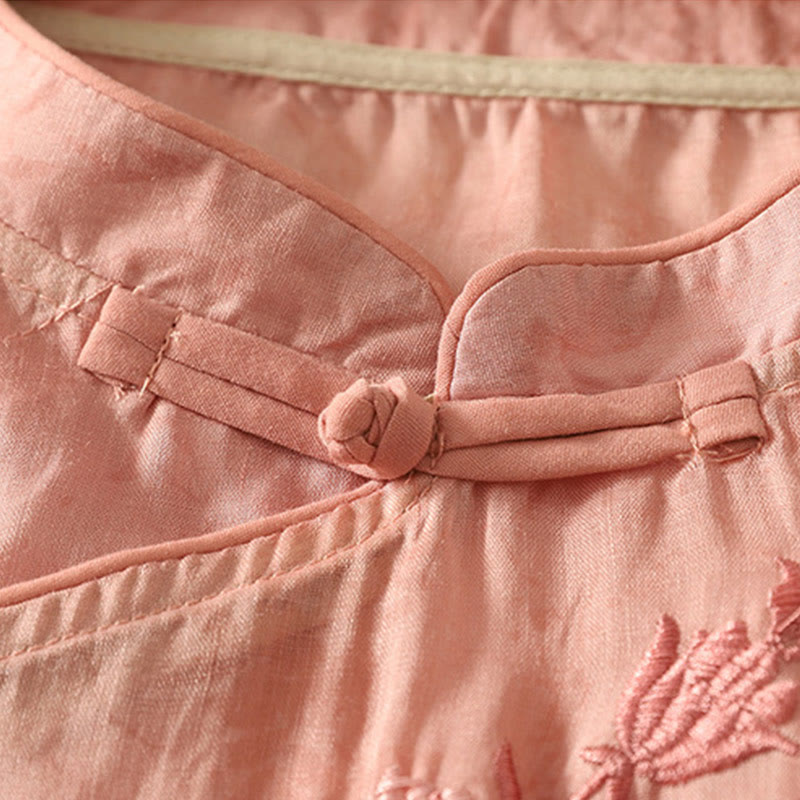 Buddha Stones Embroidery Frog-Button Mandarin Collar Cotton Women's Half Sleeves Shirt