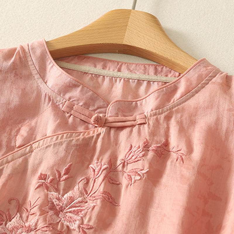 Buddha Stones Embroidery Frog-Button Mandarin Collar Cotton Women's Half Sleeves Shirt