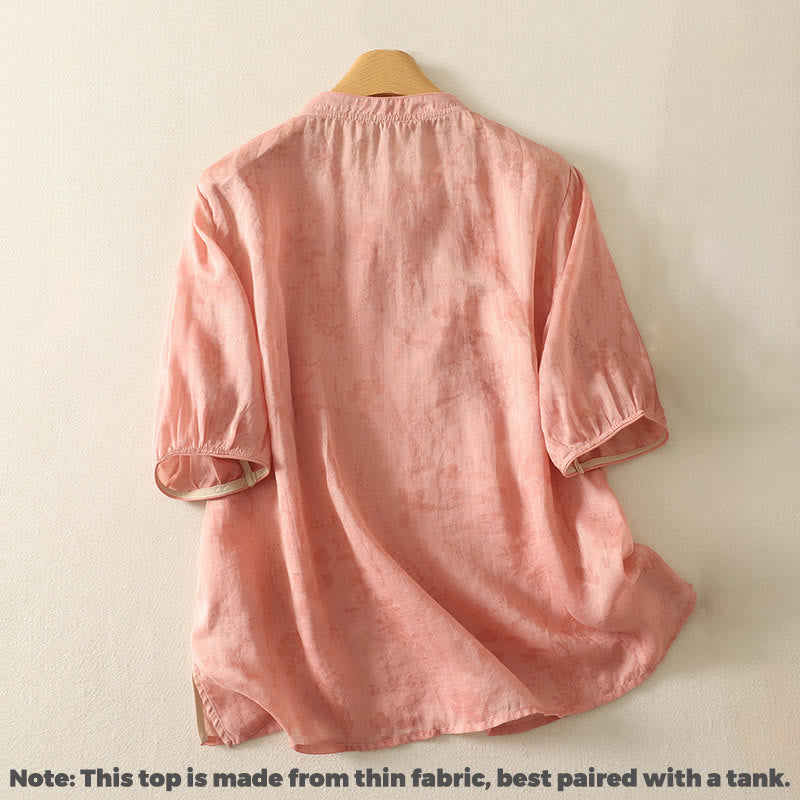 Buddha Stones Embroidery Frog-Button Mandarin Collar Cotton Women's Half Sleeves Shirt