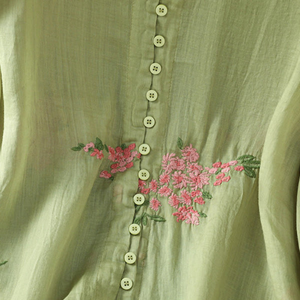 Buddha Stones V-neck Embroidered Flowers Cotton Women's Shirt