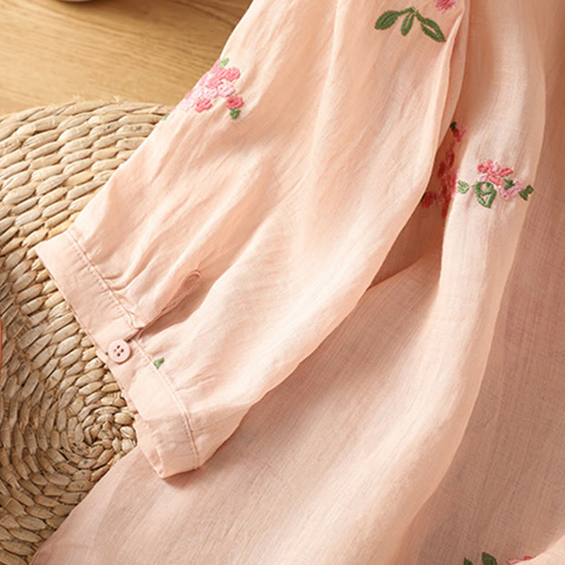 Buddha Stones V-neck Embroidered Flowers Cotton Women's Shirt