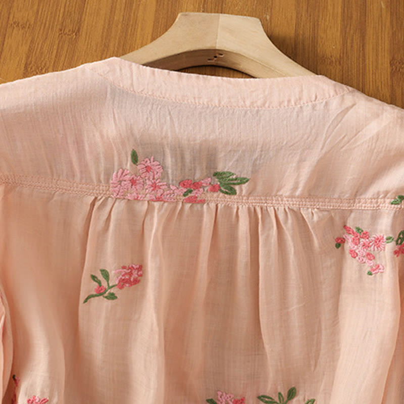 Buddha Stones V-neck Embroidered Flowers Cotton Women's Shirt