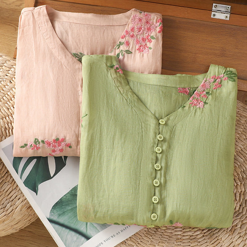 Buddha Stones V-neck Embroidered Flowers Cotton Women's Shirt