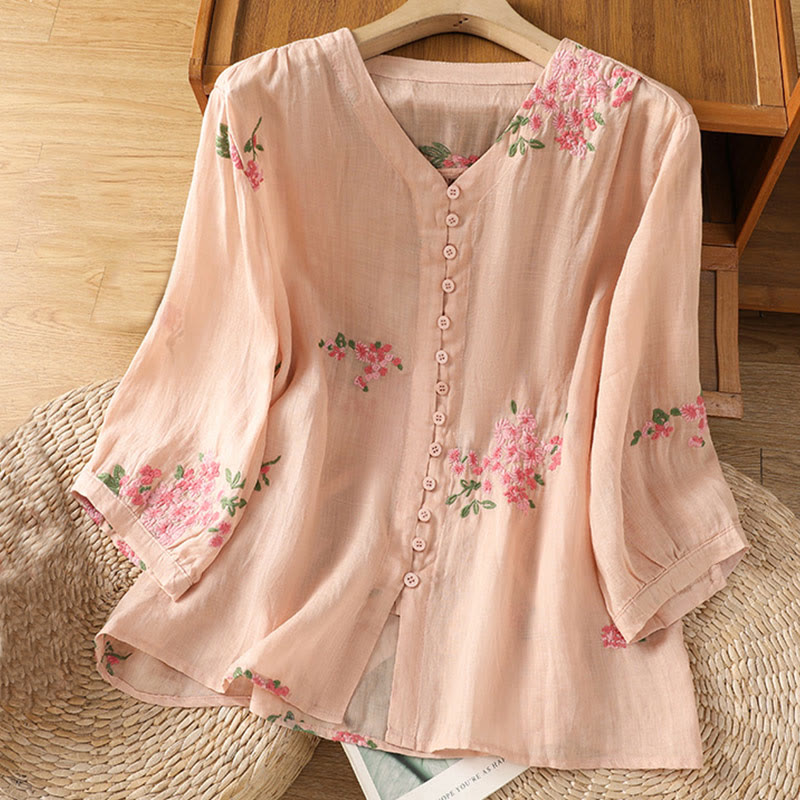 Buddha Stones V-neck Embroidered Flowers Cotton Women's Shirt