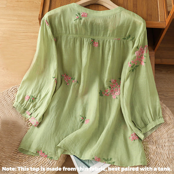 Buddha Stones V-neck Embroidered Flowers Cotton Women's Shirt