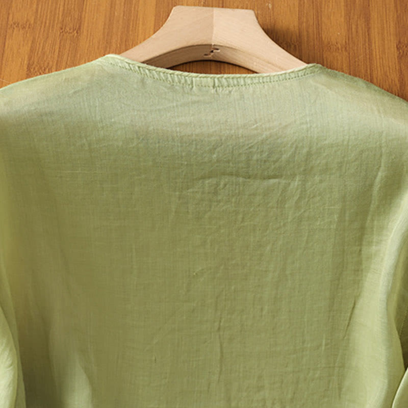 Buddha Stones Embroidered Flowers Cotton Women's V-neck Shirt