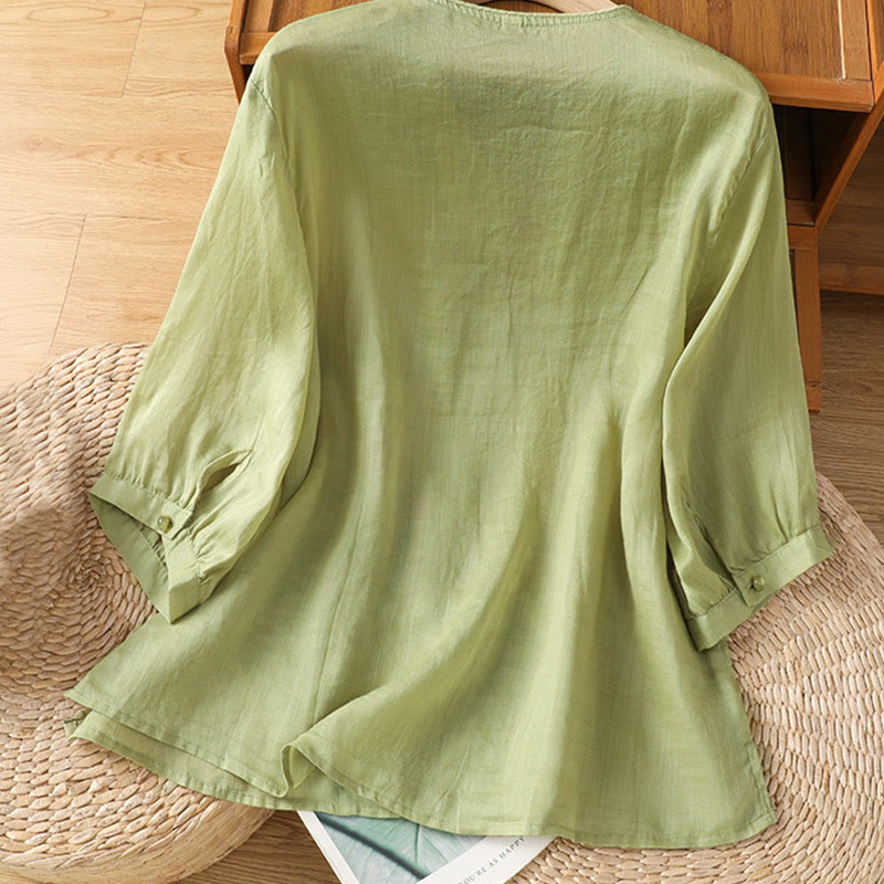 Buddha Stones Embroidered Flowers Cotton Women's V-neck Shirt