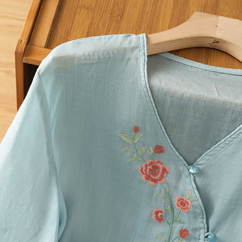 Buddha Stones Embroidered Flowers Cotton Women's V-neck Shirt