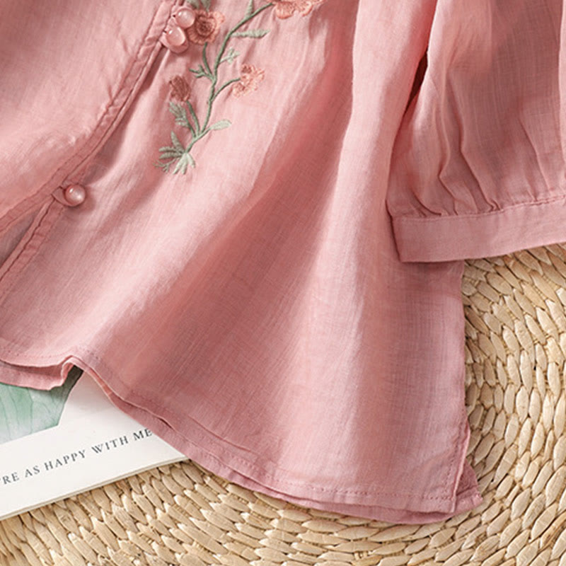 Buddha Stones Embroidered Flowers Cotton Women's V-neck Shirt