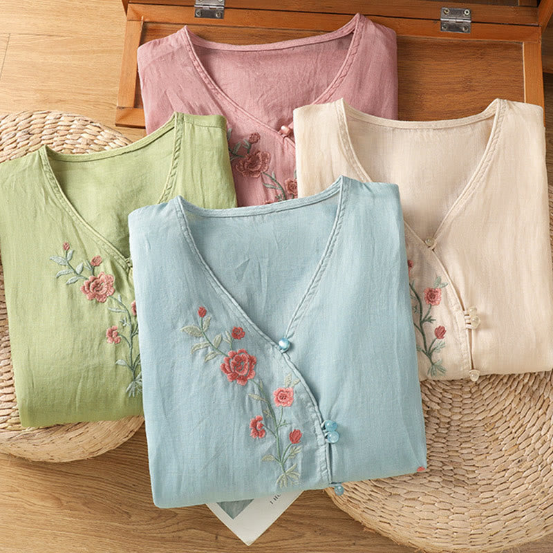 Buddha Stones Embroidered Flowers Cotton Women's V-neck Shirt