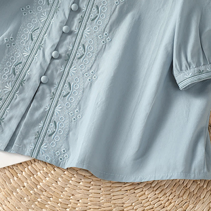 Buddha Stones Symmetrical Embroidery Cotton Women's V-neck Shirt