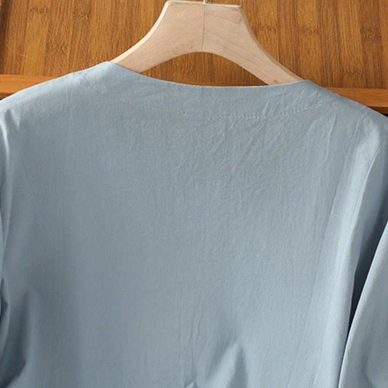 Buddha Stones Symmetrical Embroidery Cotton Women's V-neck Shirt