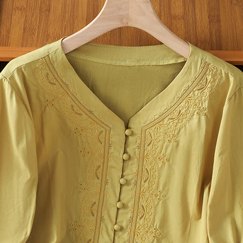 Buddha Stones Symmetrical Embroidery Cotton Women's V-neck Shirt