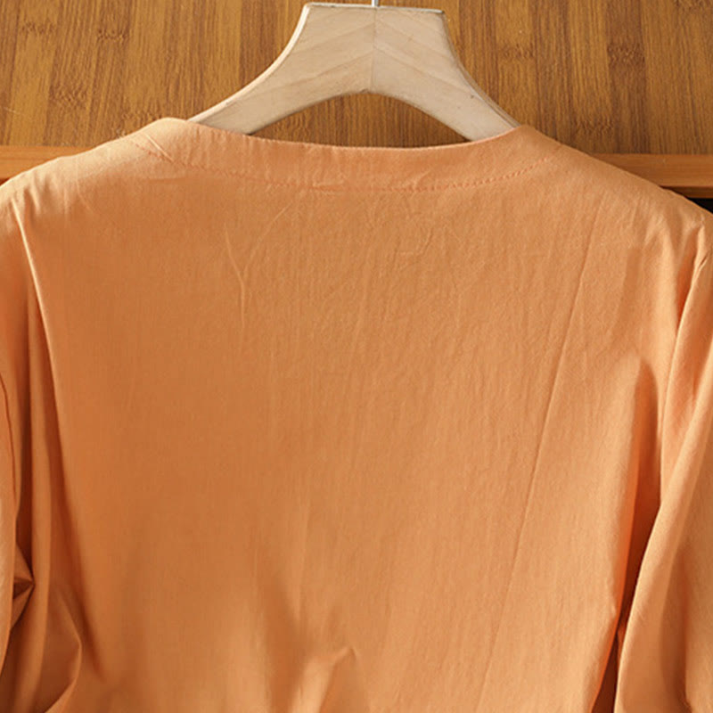 Buddha Stones Symmetrical Embroidery Cotton Women's V-neck Shirt