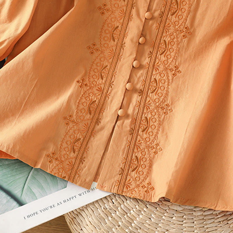 Buddha Stones Symmetrical Embroidery Cotton Women's V-neck Shirt