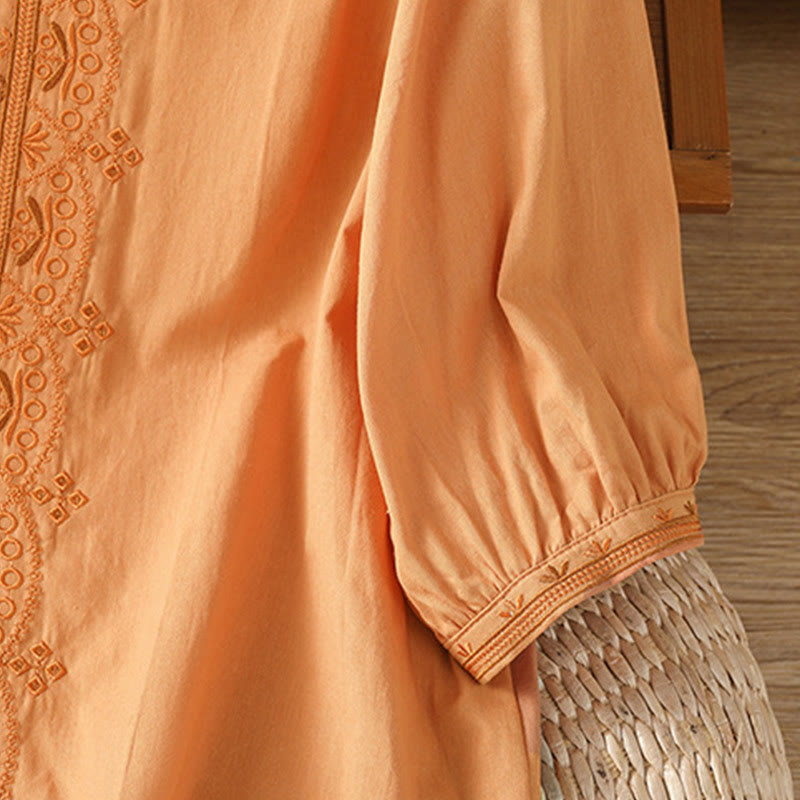 Buddha Stones Symmetrical Embroidery Cotton Women's V-neck Shirt