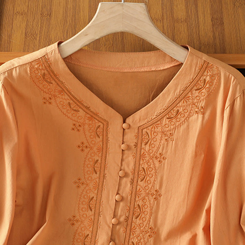 Buddha Stones Symmetrical Embroidery Cotton Women's V-neck Shirt