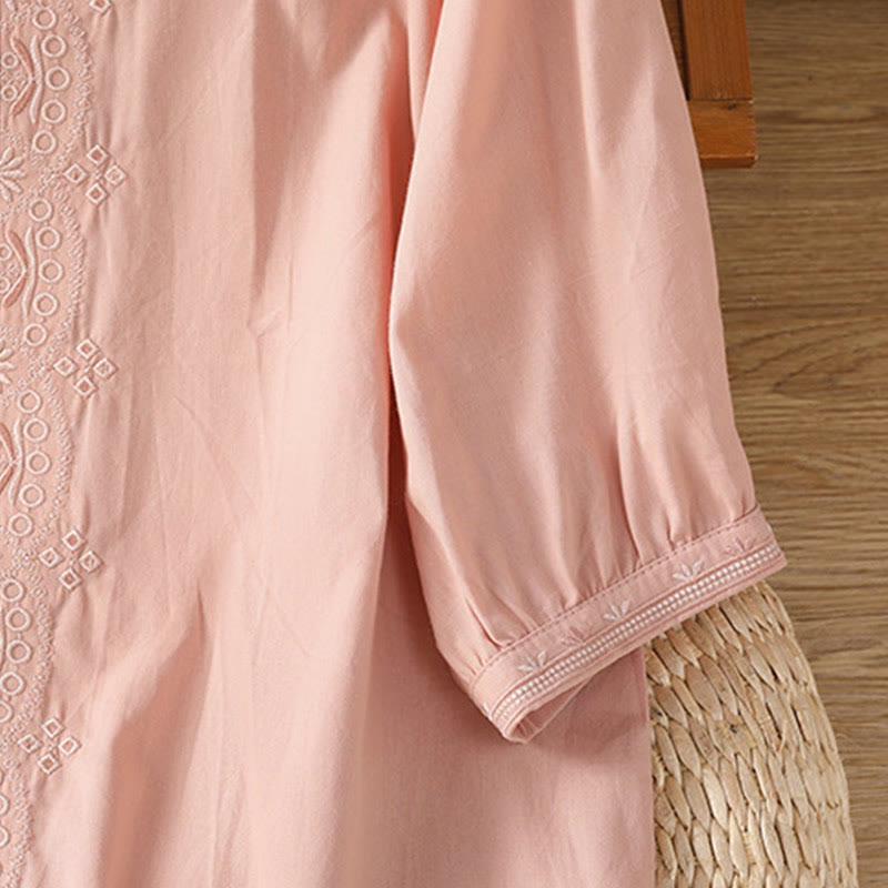 Buddha Stones Symmetrical Embroidery Cotton Women's V-neck Shirt