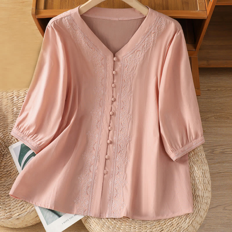 Buddha Stones Symmetrical Embroidery Cotton Women's V-neck Shirt