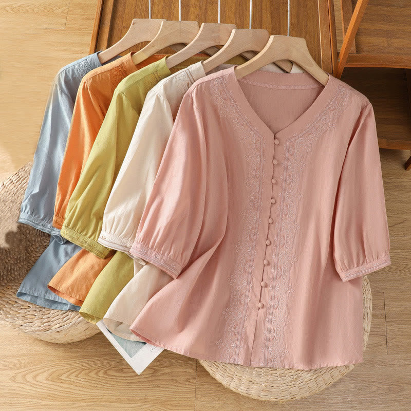 Buddha Stones Symmetrical Embroidery Cotton Women's V-neck Shirt