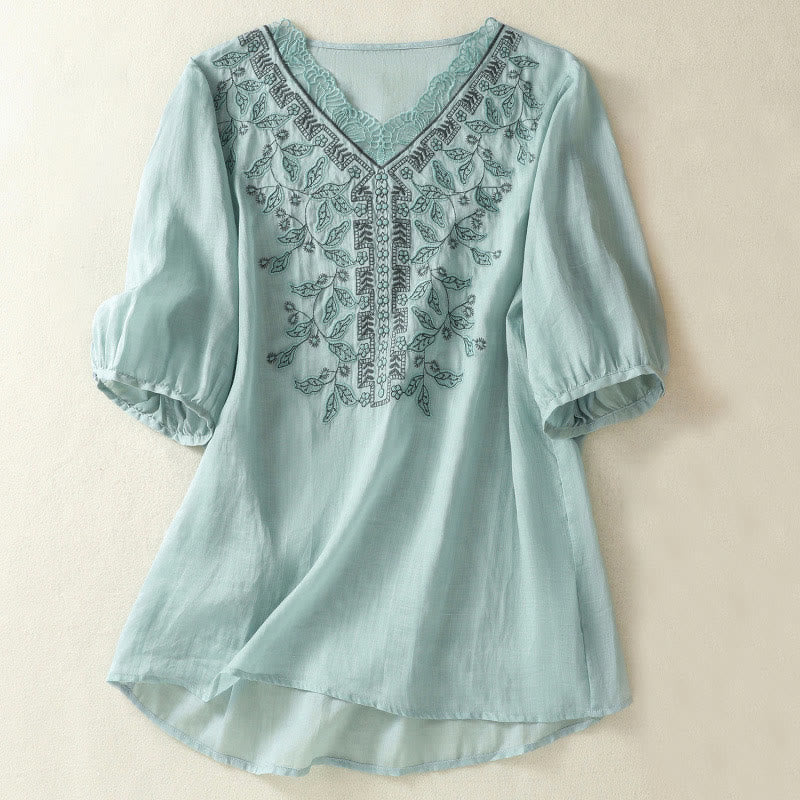 Buddha Stones Embroidered Lace Casual Women's Cotton Linen Half Sleeve T-shirt