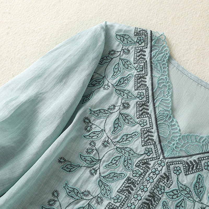 Buddha Stones Embroidered Lace Casual Women's Cotton Linen Half Sleeve T-shirt