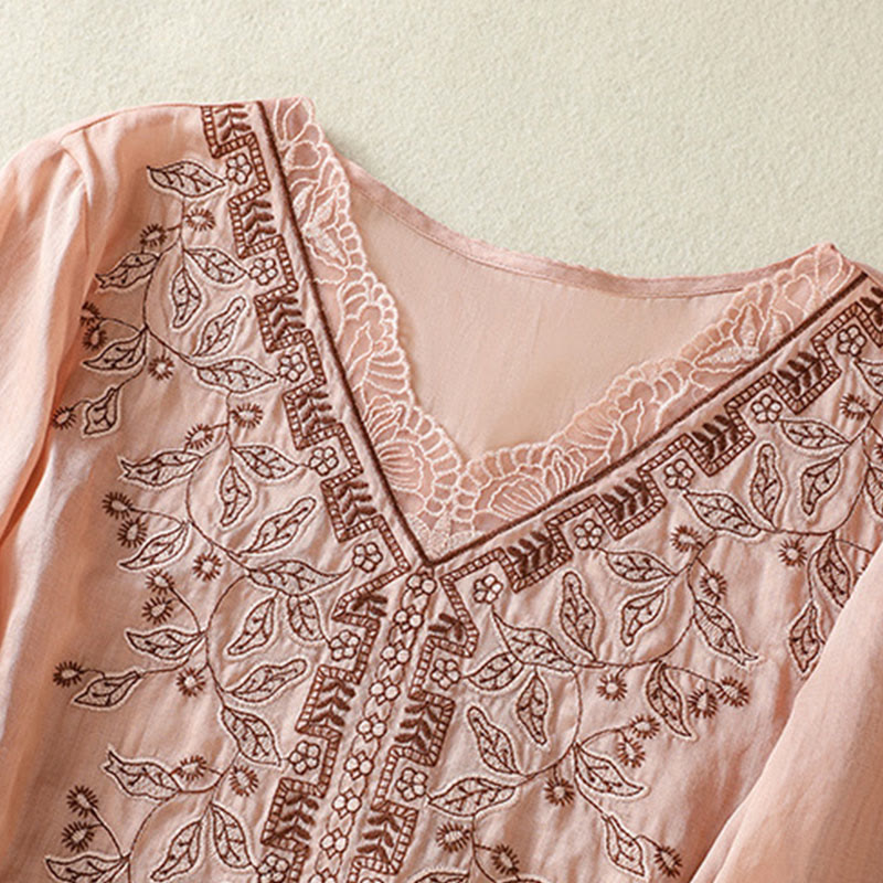 Buddha Stones Embroidered Lace Casual Women's Cotton Linen Half Sleeve T-shirt