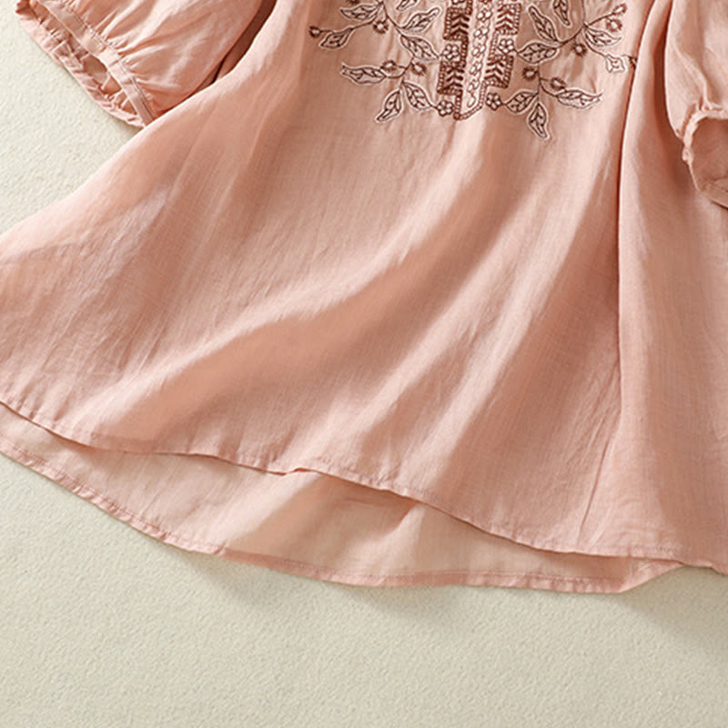 Buddha Stones Embroidered Lace Casual Women's Cotton Linen Half Sleeve T-shirt