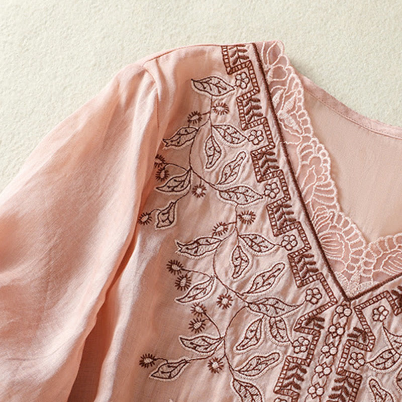 Buddha Stones Embroidered Lace Casual Women's Cotton Linen Half Sleeve T-shirt