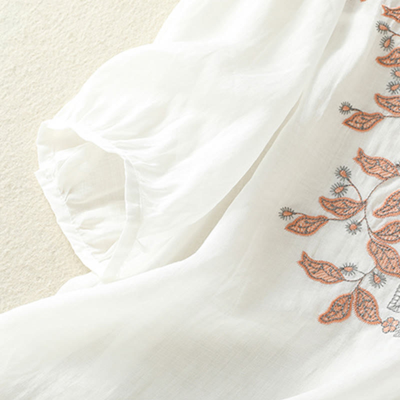 Buddha Stones Embroidered Lace Casual Women's Cotton Linen Half Sleeve T-shirt