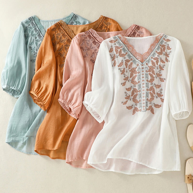 Buddha Stones Embroidered Lace Casual Women's Cotton Linen Half Sleeve T-shirt