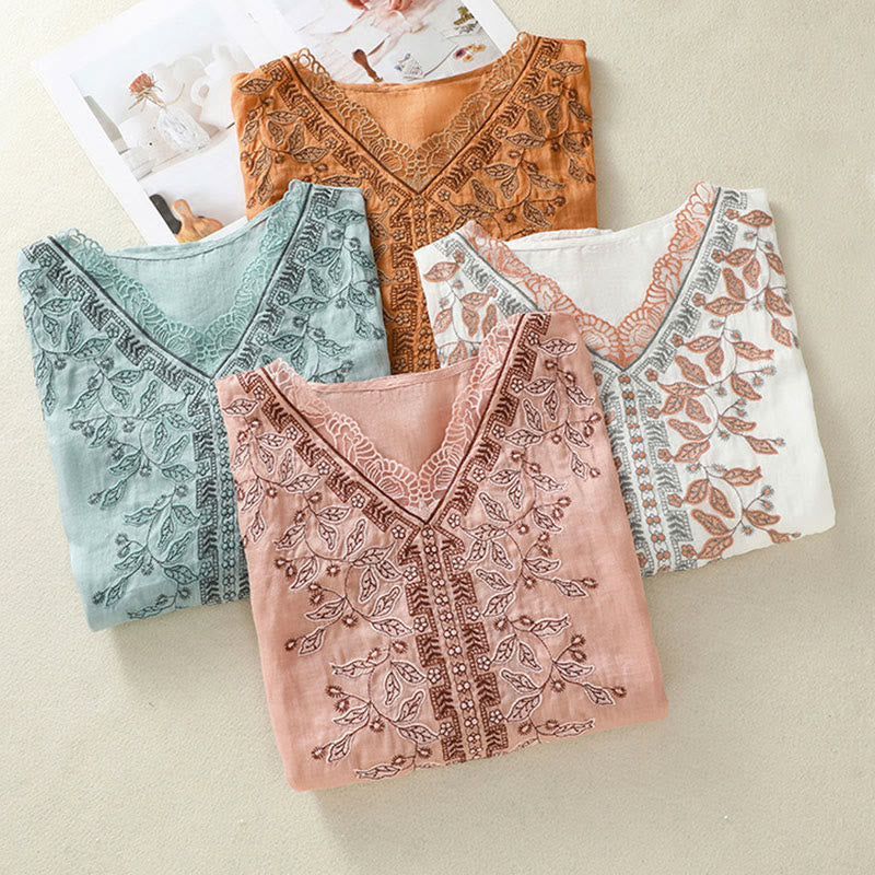 Buddha Stones Embroidered Lace Casual Women's Cotton Linen Half Sleeve T-shirt