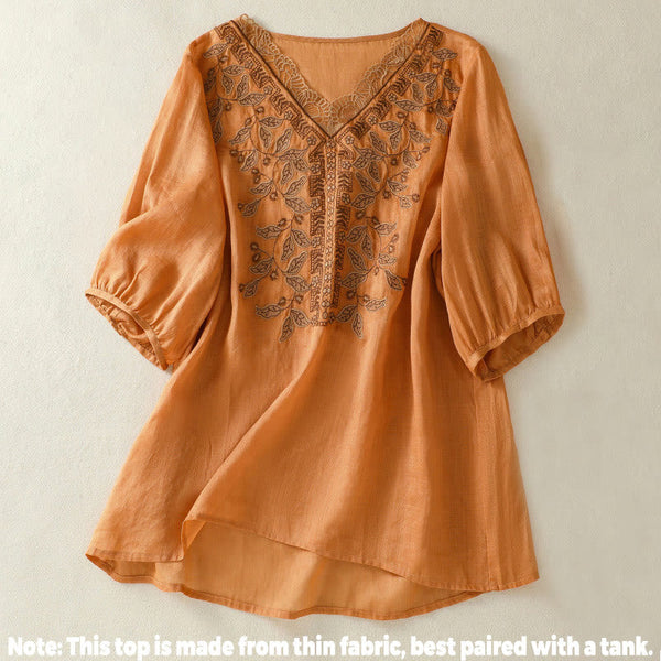 Buddha Stones Embroidered Lace Casual Women's Cotton Linen Half Sleeve T-shirt