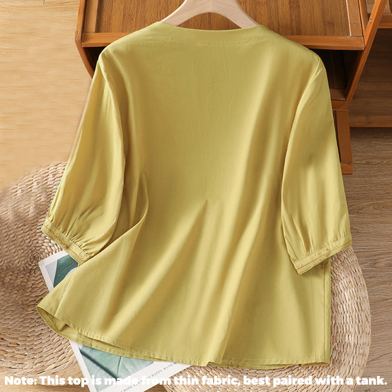 Buddha Stones Symmetrical Embroidery Cotton Women's V-neck Shirt