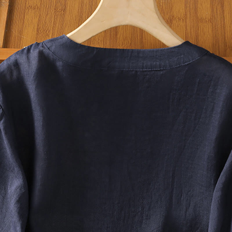 Buddha Stones Symmetrical Embroidery Cotton Women's Crew Neck Shirt