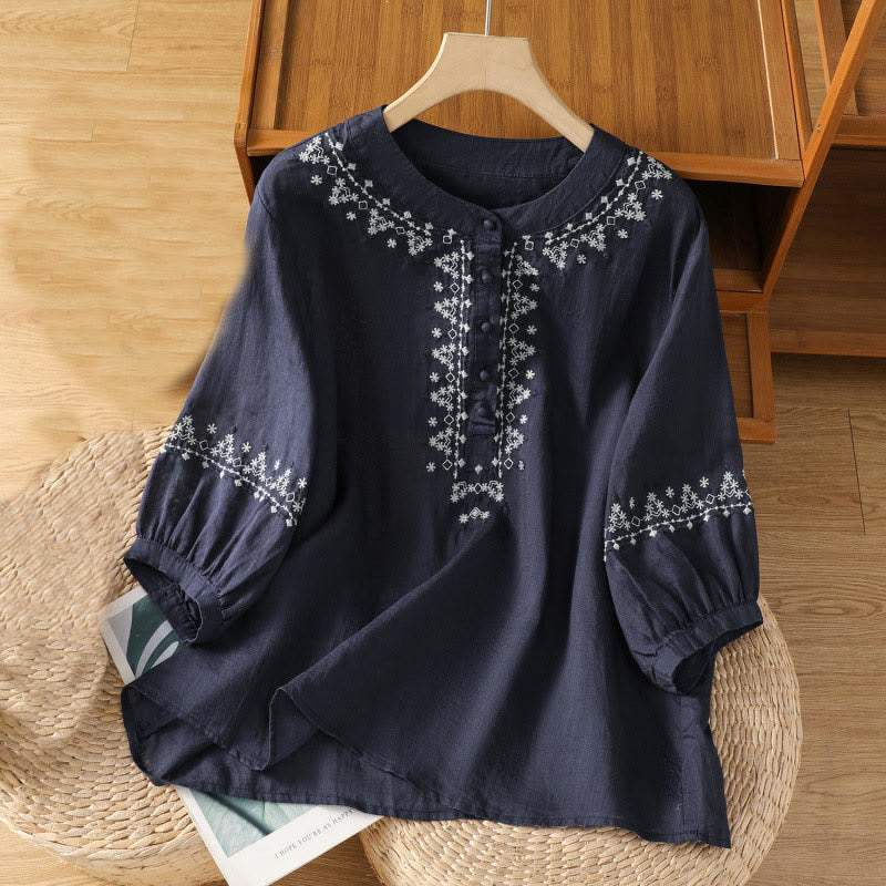 Buddha Stones Symmetrical Embroidery Cotton Women's Crew Neck Shirt