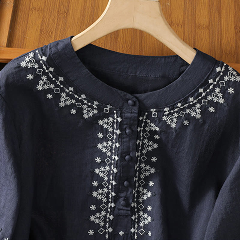 Buddha Stones Symmetrical Embroidery Cotton Women's Crew Neck Shirt