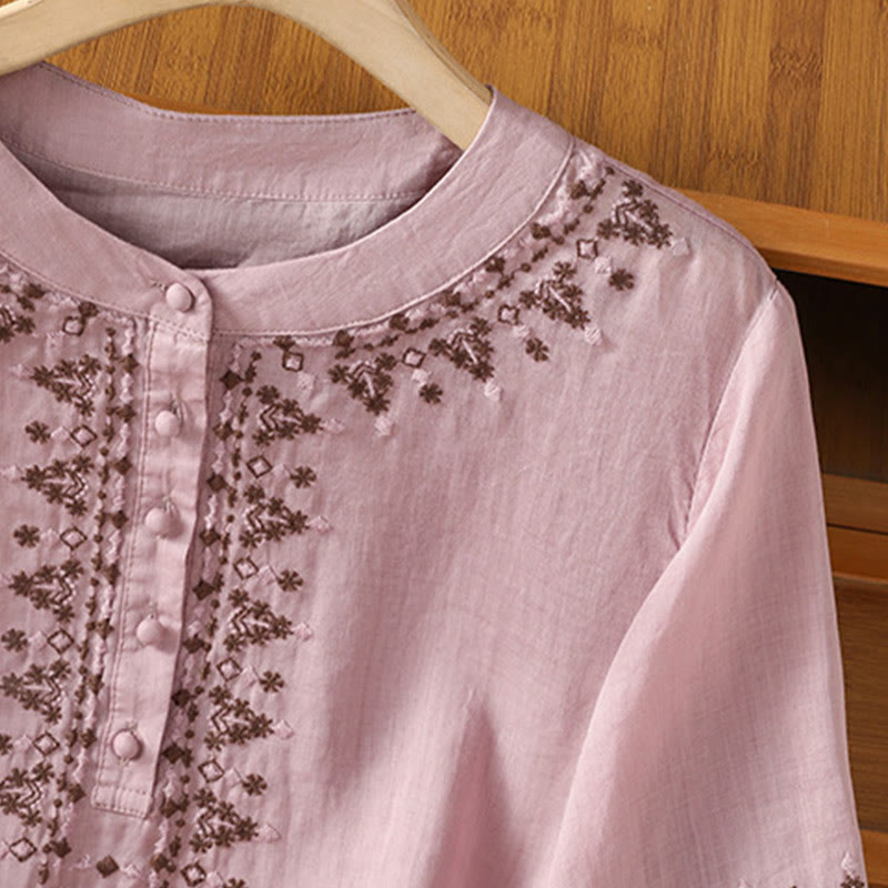 Buddha Stones Symmetrical Embroidery Cotton Women's Crew Neck Shirt