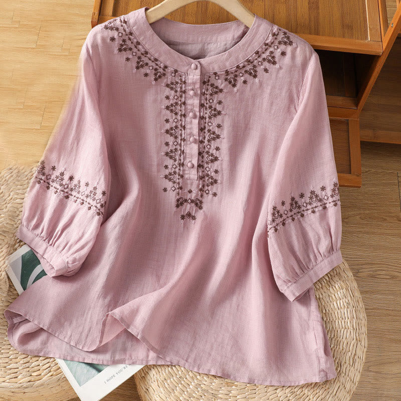 Buddha Stones Symmetrical Embroidery Cotton Women's Crew Neck Shirt