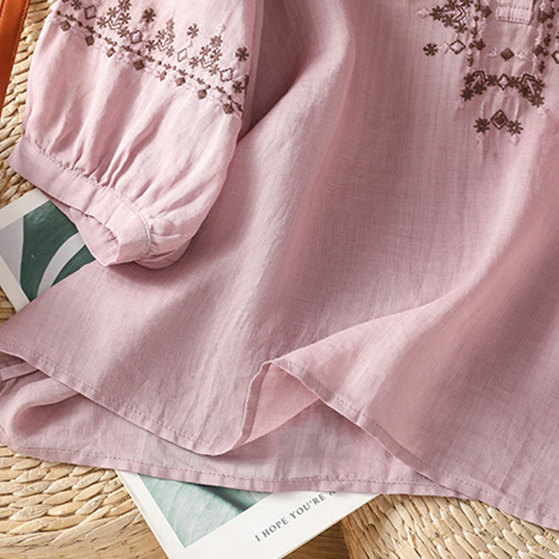 Buddha Stones Symmetrical Embroidery Cotton Women's Crew Neck Shirt