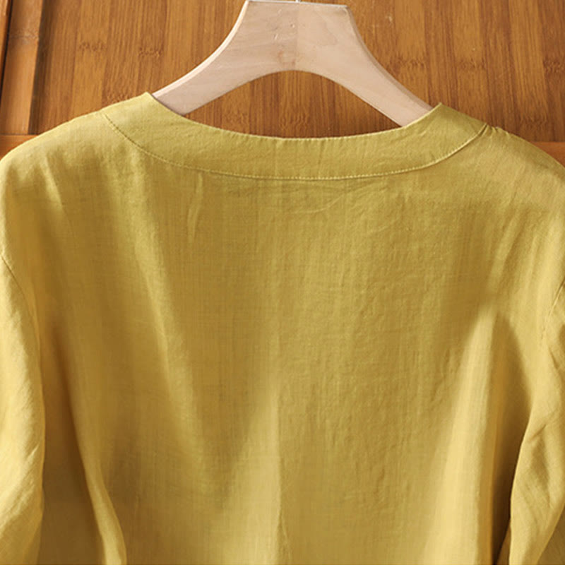 Buddha Stones Symmetrical Embroidery Cotton Women's Crew Neck Shirt