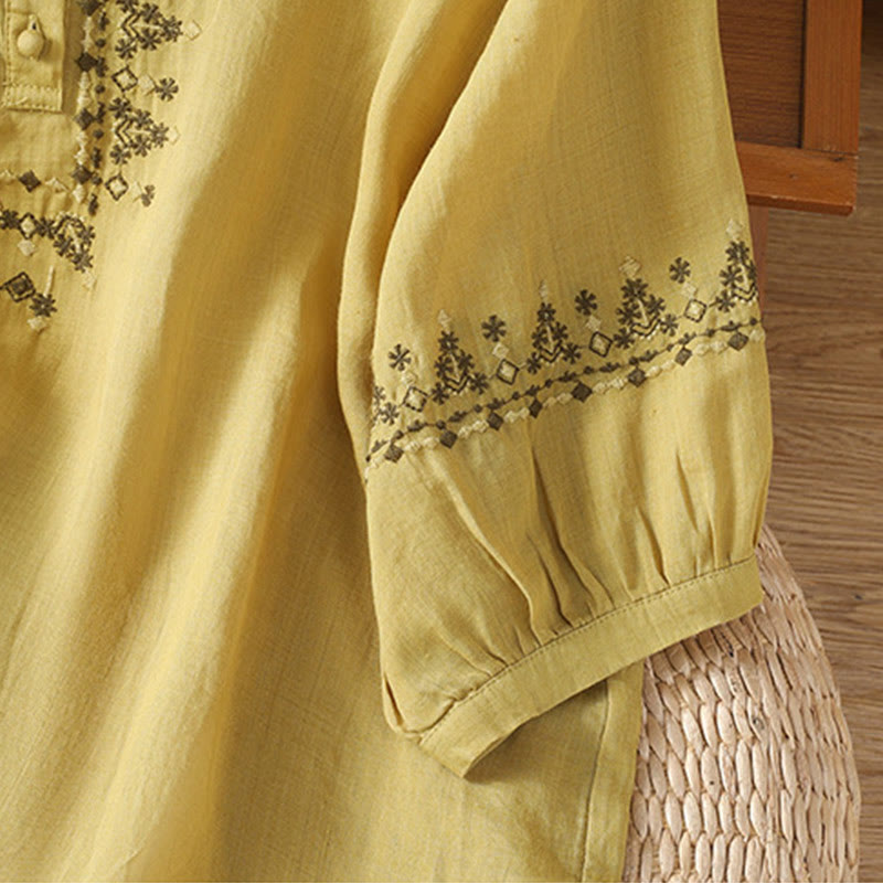 Buddha Stones Symmetrical Embroidery Cotton Women's Crew Neck Shirt